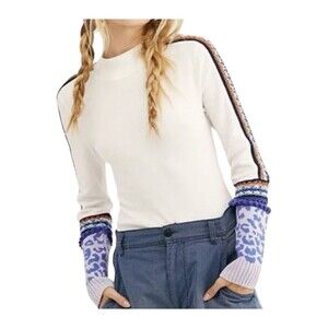 FREE PEOPLE Easy Street Thermal Top XS Multi Knit Leopard Sleeve Mock Neck Y2k